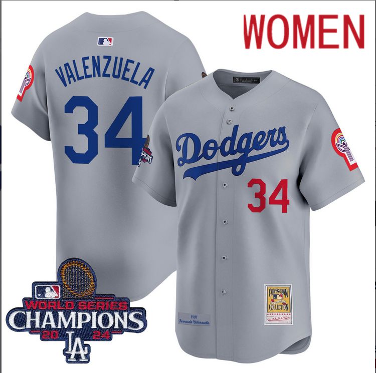 Women MLB Los Angeles Dodgers #34 Valenzuela grey 2024 World Series Champions Patch Cooperstown Jersey